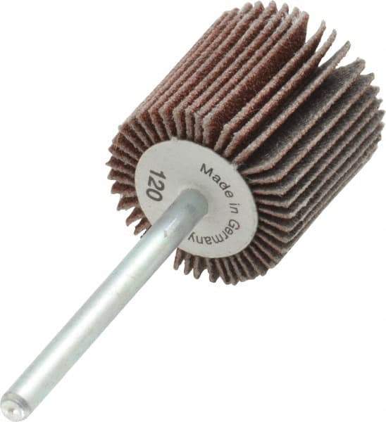 Value Collection - 3/4" Diam x 3/4" Face Width, Fine Aluminum Oxide Coated Mounted Flap Wheel - 1/8" Shank Mount, 120 Grit, X Weighted Cloth Backing, 35,000 Max RPM - Apex Tool & Supply