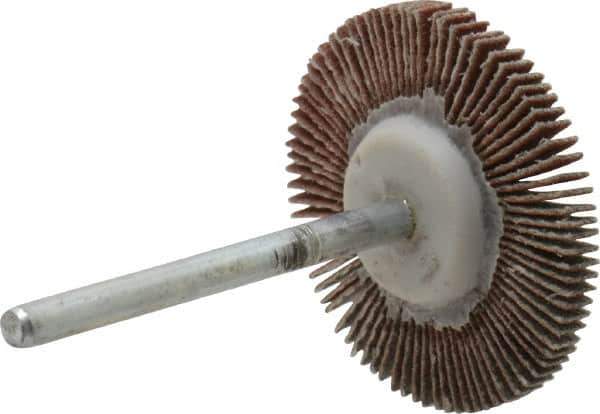 Value Collection - 1-3/16" Diam x 1/8" Face Width, Extra Fine Aluminum Oxide Coated Mounted Flap Wheel - 1/8" Shank Mount, 320 Grit, X Weighted Cloth Backing, 30,000 Max RPM - Apex Tool & Supply