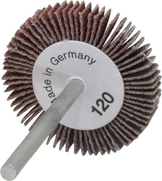 Value Collection - 1-3/16" Diam x 3/16" Face Width, Fine Aluminum Oxide Coated Mounted Flap Wheel - 1/8" Shank Mount, 120 Grit, X Weighted Cloth Backing, 30,000 Max RPM - Apex Tool & Supply