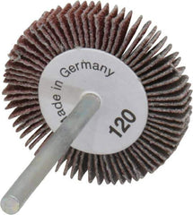 Value Collection - 1-3/16" Diam x 3/16" Face Width, Fine Aluminum Oxide Coated Mounted Flap Wheel - 1/8" Shank Mount, 120 Grit, X Weighted Cloth Backing, 30,000 Max RPM - Apex Tool & Supply