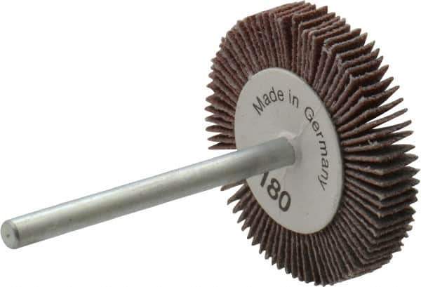 Value Collection - 1-3/16" Diam x 3/16" Face Width, Very Fine Aluminum Oxide Coated Mounted Flap Wheel - 1/8" Shank Mount, 180 Grit, X Weighted Cloth Backing, 30,000 Max RPM - Apex Tool & Supply