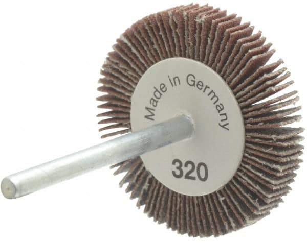 Value Collection - 1-3/16" Diam x 3/16" Face Width, Extra Fine Aluminum Oxide Coated Mounted Flap Wheel - 1/8" Shank Mount, 320 Grit, X Weighted Cloth Backing, 30,000 Max RPM - Apex Tool & Supply