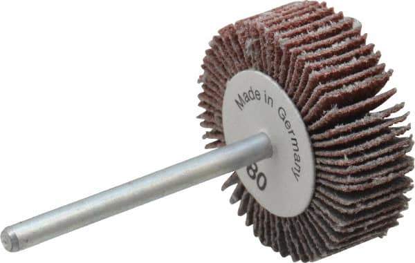 Value Collection - 1-3/16" Diam x 3/8" Face Width, Medium Aluminum Oxide Coated Mounted Flap Wheel - 1/8" Shank Mount, 80 Grit, X Weighted Cloth Backing, 30,000 Max RPM - Apex Tool & Supply