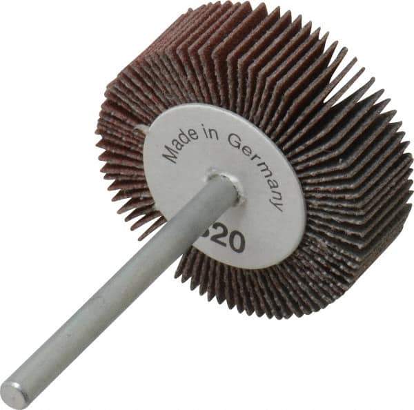 Value Collection - 1-3/16" Diam x 3/8" Face Width, Extra Fine Aluminum Oxide Coated Mounted Flap Wheel - 1/8" Shank Mount, 320 Grit, X Weighted Cloth Backing, 30,000 Max RPM - Apex Tool & Supply