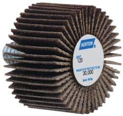 Norton - 1" Diam x 5/8" Face Width, Fine Aluminum Oxide Coated Mounted Flap Wheel - 1/4-20 Threaded Mount, 120 Grit, Cloth Backing, 30,000 Max RPM - Apex Tool & Supply