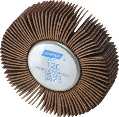 Norton - 2" Diam x 1/2" Face Width, Fine Aluminum Oxide Coated Mounted Flap Wheel - 1/4-20 Threaded Mount, 120 Grit, Cloth Backing, 23,000 Max RPM - Apex Tool & Supply