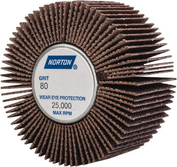 Norton - 2" Diam x 1" Face Width, Medium Aluminum Oxide Coated Mounted Flap Wheel - 1/4-20 Threaded Mount, 80 Grit, Cloth Backing, 23,000 Max RPM - Apex Tool & Supply