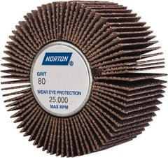 Norton - 2" Diam x 1" Face Width, Medium Aluminum Oxide Coated Mounted Flap Wheel - 1/4-20 Threaded Mount, 80 Grit, Cloth Backing, 23,000 Max RPM - Apex Tool & Supply