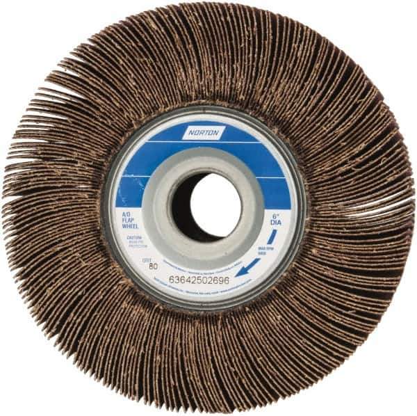 Norton - 6" Diam, 80 Grit Aluminum Oxide Unmounted Flap Wheel - 1" Hole, 3" Wide, Coated, Medium Grade, 6,200 Max RPM , Cloth Backing - Apex Tool & Supply