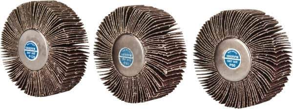 Value Collection - 3 Piece Abrasive Flap Sanding Wheel Kit - 60, 80 & 120 Grit, Medium & Fine Grade, 3" Diam x 1" Wide x 1/4" Shank Diam - Apex Tool & Supply