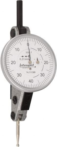 INTERAPID - 1.6 mm Range, 0.01 mm Dial Graduation, Horizontal Dial Test Indicator - 1-1/2 Inch White Dial, 0-40-0 Dial Reading - Apex Tool & Supply