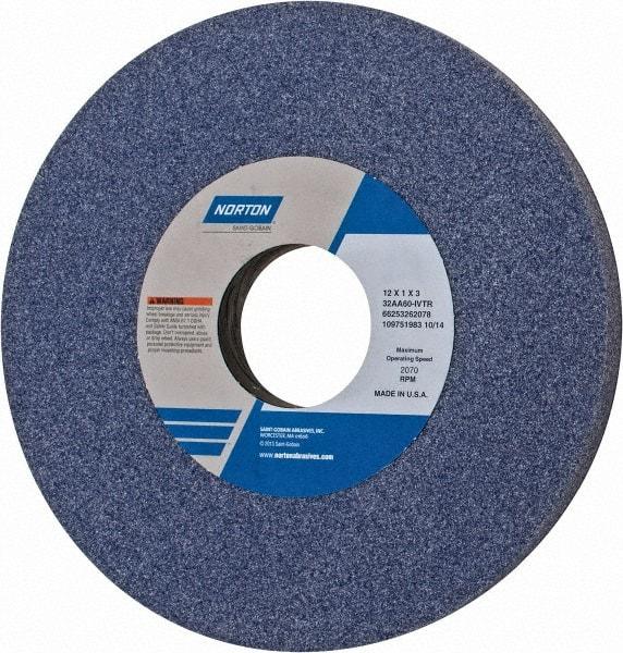Norton - 12" Diam x 3" Hole x 1" Thick, I Hardness, 60 Grit Surface Grinding Wheel - Aluminum Oxide, Type 1, Medium Grade, 2,070 Max RPM, Vitrified Bond, No Recess - Apex Tool & Supply