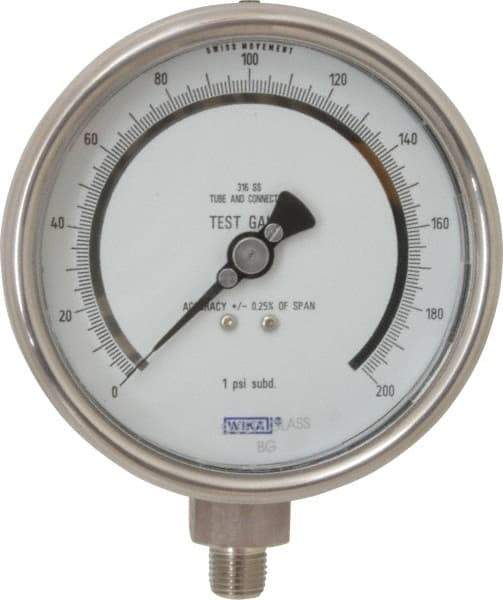 Wika - 4" Dial, 1/4 Thread, 0-200 Scale Range, Pressure Gauge - Lower Connection Mount, Accurate to 0.25% of Scale - Apex Tool & Supply