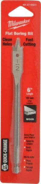 Milwaukee Tool - 1/2", 1/4" Straight Shank, Bright Finish, Carbon Steel, Spade Blade Drill Bit - 2 Spurs, 6-3/8" Overall Length, Wire Fishing Hole - Apex Tool & Supply