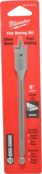 Milwaukee Tool - 5/8", 1/4" Straight Shank, Bright Finish, Carbon Steel, Spade Blade Drill Bit - 2 Spurs, 6-3/8" Overall Length, Wire Fishing Hole - Apex Tool & Supply