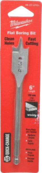 Milwaukee Tool - 3/4", 1/4" Straight Shank, Bright Finish, Carbon Steel, Spade Blade Drill Bit - 2 Spurs, 6-3/8" Overall Length, Wire Fishing Hole - Apex Tool & Supply