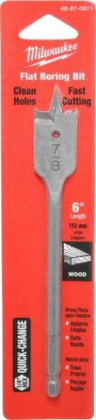 Milwaukee Tool - 7/8", 1/4" Straight Shank, Bright Finish, Carbon Steel, Spade Blade Drill Bit - 2 Spurs, 6-3/8" Overall Length, Wire Fishing Hole - Apex Tool & Supply