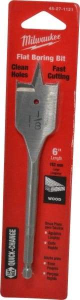 Milwaukee Tool - 1-1/8", 1/4" Straight Shank, Bright Finish, Carbon Steel, Spade Blade Drill Bit - 2 Spurs, 6-3/8" Overall Length, Wire Fishing Hole - Apex Tool & Supply