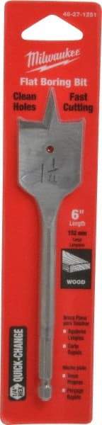 Milwaukee Tool - 1-1/4", 1/4" Straight Shank, Bright Finish, Carbon Steel, Spade Blade Drill Bit - 2 Spurs, 6-3/8" Overall Length, Wire Fishing Hole - Apex Tool & Supply