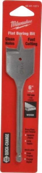 Milwaukee Tool - 1-3/8", 1/4" Straight Shank, Bright Finish, Carbon Steel, Spade Blade Drill Bit - 2 Spurs, 6-3/8" Overall Length, Wire Fishing Hole - Apex Tool & Supply