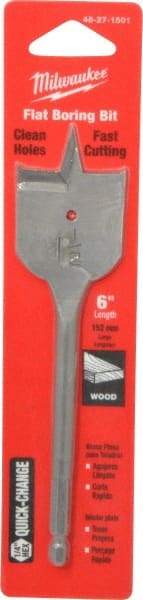 Milwaukee Tool - 1-1/2", 1/4" Straight Shank, Bright Finish, Carbon Steel, Spade Blade Drill Bit - 2 Spurs, 6-3/8" Overall Length, Wire Fishing Hole - Apex Tool & Supply