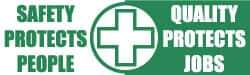 NMC - Safety Protects People - Quality Protects Jobs, 120 Inch Long x 36 Inch High, Safety Banner with Graphic - Graphic Shows Recycling Symbol, Polyethylene, English, Printed on 1 Side - Apex Tool & Supply
