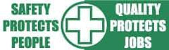 NMC - Safety Protects People - Quality Protects Jobs, 120 Inch Long x 36 Inch High, Safety Banner with Graphic - Graphic Shows Recycling Symbol, Polyethylene, English, Printed on 1 Side - Apex Tool & Supply