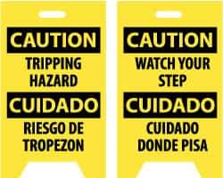 NMC - Caution - Tripping Hazard, Caution - Watch Your Step, 12" Wide x 19" High, Plastic Floor Sign - English/Spanish, A-Frame, Black on Yellow, For Accident Prevention - Apex Tool & Supply
