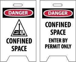 NMC - Danger - Confined Space, Danger - Confined Space - Enter by Permit Only, 12" Wide x 19" High, Plastic Floor Sign - A-Frame, Red & Black on White, For Accident Prevention - Apex Tool & Supply