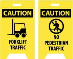 NMC - Caution - Forklift Traffic, Caution - No Pedestrian Traffic, 12" Wide x 19" High, Plastic Floor Sign - A-Frame, Black on Yellow, For Accident Prevention - Apex Tool & Supply