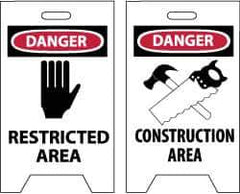 NMC - Danger - Restricted Area, Danger - Construction Area, 12" Wide x 19" High, Plastic Floor Sign - A-Frame, Red & Black on White, For Security & Admittance - Apex Tool & Supply