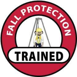 NMC - Fall Protection Trained, Hard Hat Label - Black, Red & Yellow on White, 2" Thick, For Accident Prevention - Apex Tool & Supply