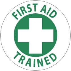 NMC - First Aid Trained, Hard Hat Label - Green on White, 2" Thick, For Accident Prevention - Apex Tool & Supply