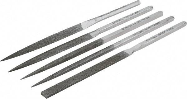 Strauss - 5 Piece Diamond Pattern File Set - 8-1/2" Long, Fine Coarseness, Set Includes Equalling, Half Round, Round, Square, Three Square - Apex Tool & Supply