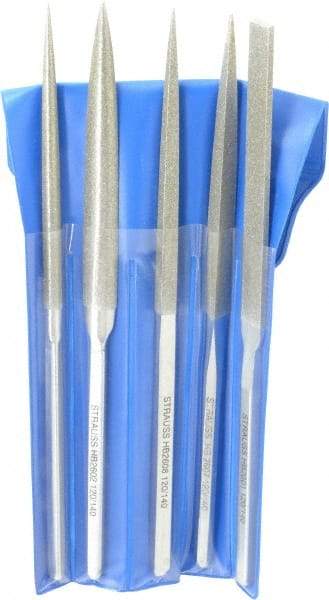 Strauss - 5 Piece Diamond Pattern File Set - 8-1/2" Long, Medium Coarseness, Set Includes Equalling, Half Round, Round, Square, Three Square - Apex Tool & Supply