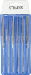 Strauss - 6 Piece Diamond Pattern File Set - 5-1/2" Long, Coarse Coarseness, Round Handle, Set Includes Crossing, Equalling, Half Round, Round, Square, Three Square - Apex Tool & Supply