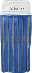 Strauss - 6 Piece Diamond Pattern File Set - 5-1/2" Long, Fine Coarseness, Round Handle, Set Includes Crossing, Equalling, Half Round, Round, Square, Three Square - Apex Tool & Supply