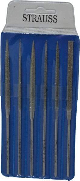 Strauss - 6 Piece Diamond Pattern File Set - 5-1/2" Long, Medium Coarseness, Round Handle, Set Includes Crossing, Equalling, Half Round, Round, Square, Three Square - Apex Tool & Supply