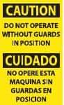 NMC - Accident Prevention Label, Header: CAUTION - Legend: Caution - Do Not Operate without Guards in Position, English & Spanish, Black & Yellow, 3" Long x 5" High, Sign Muscle Finish - Apex Tool & Supply