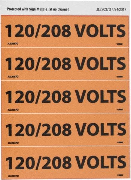 NMC - Electrical Markers Label - Legend: 120/208 Volts, English, Black & Orange, 4-1/2" Long x 1-1/8" High, Sign Muscle Finish - Apex Tool & Supply