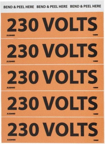 NMC - Electrical Markers Label - Legend: 230 Volts, English, Black & Orange, 4-1/2" Long x 1-1/8" High, Sign Muscle Finish - Apex Tool & Supply