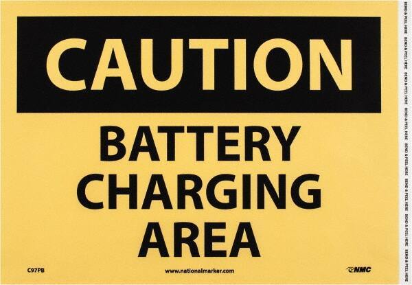 NMC - "Caution - Battery Charging Area", 10" Long x 14" Wide, Pressure-Sensitive Vinyl Safety Sign - Rectangle, 0.004" Thick, Use for Accident Prevention - Apex Tool & Supply