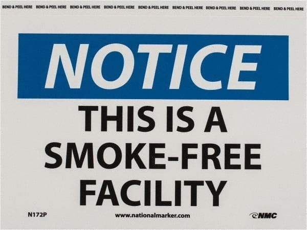 NMC - "Notice - This Is a Smoke-Free Facility", 7" Long x 10" Wide, Pressure-Sensitive Vinyl Safety Sign - Rectangle, 0.004" Thick, Use for Accident Prevention - Apex Tool & Supply