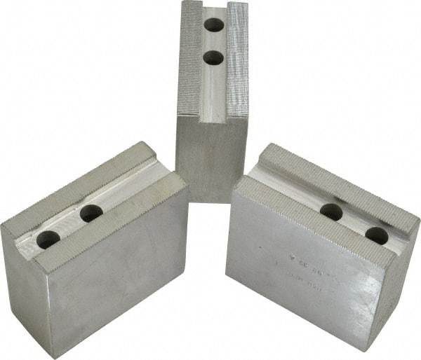 H & R Manufacturing - 11" Chuck Capacity, 1.5mm x 60° Serrated Attachment, Square Soft Lathe Chuck Jaw - 3 Jaws, Aluminum, 1.181" Btw Mount Hole Ctrs, 4" Long x 1-3/4" Wide x 3-1/2" High, 0.63" Groove, 12mm Fastener - Apex Tool & Supply