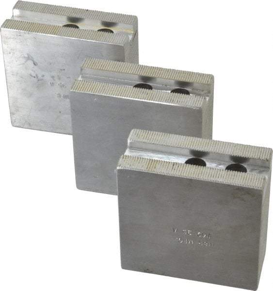 H & R Manufacturing - 8" Chuck Capacity, 1.5mm x 60° Serrated Attachment, Square Soft Lathe Chuck Jaw - 3 Jaws, Aluminum, 1" Btw Mount Hole Ctrs, 3-1/2" Long x 1-1/2" Wide x 3-1/2" High, 0.551" Groove, 12mm Fastener - Apex Tool & Supply