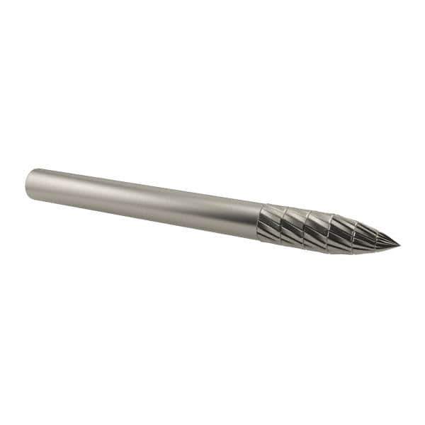 SGS Pro - 1/8" Cut Diam, 1/8" Shank Diam, Tree Head Double Cut Burr - Carbide, Point End, 3/8" LOC, 1-1/2" OAL - Apex Tool & Supply