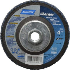 Norton - 36 Grit, 4-1/2" Disc Diam, 5/8-11 Center Hole, Type 29 Zirconia Alumina Flap Disc - 13,000 Max RPM, Fiberglass Backing, Arbor Attaching System, Coated - Apex Tool & Supply