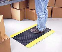 Wearwell - 12' Long x 3' Wide, Dry Environment, Anti-Fatigue Matting - Black with Yellow Borders, Vinyl with Vinyl Sponge Base, Beveled on 4 Sides - Apex Tool & Supply