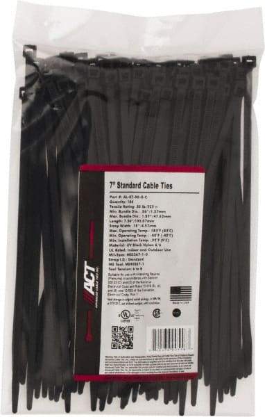 Made in USA - 7.562" Long Black Nylon Standard Cable Tie - 50 Lb Tensile Strength, 1.32mm Thick, 47.63mm Max Bundle Diam - Apex Tool & Supply
