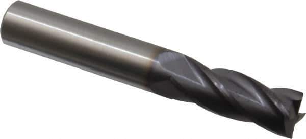 Made in USA - 3/8", 1" LOC, 3/8" Shank Diam, 2-1/2" OAL, 4 Flute, Solid Carbide Square End Mill - Single End, TiAlN Finish, Spiral Flute, 30° Helix, Centercutting, Right Hand Cut, Right Hand Flute - Apex Tool & Supply